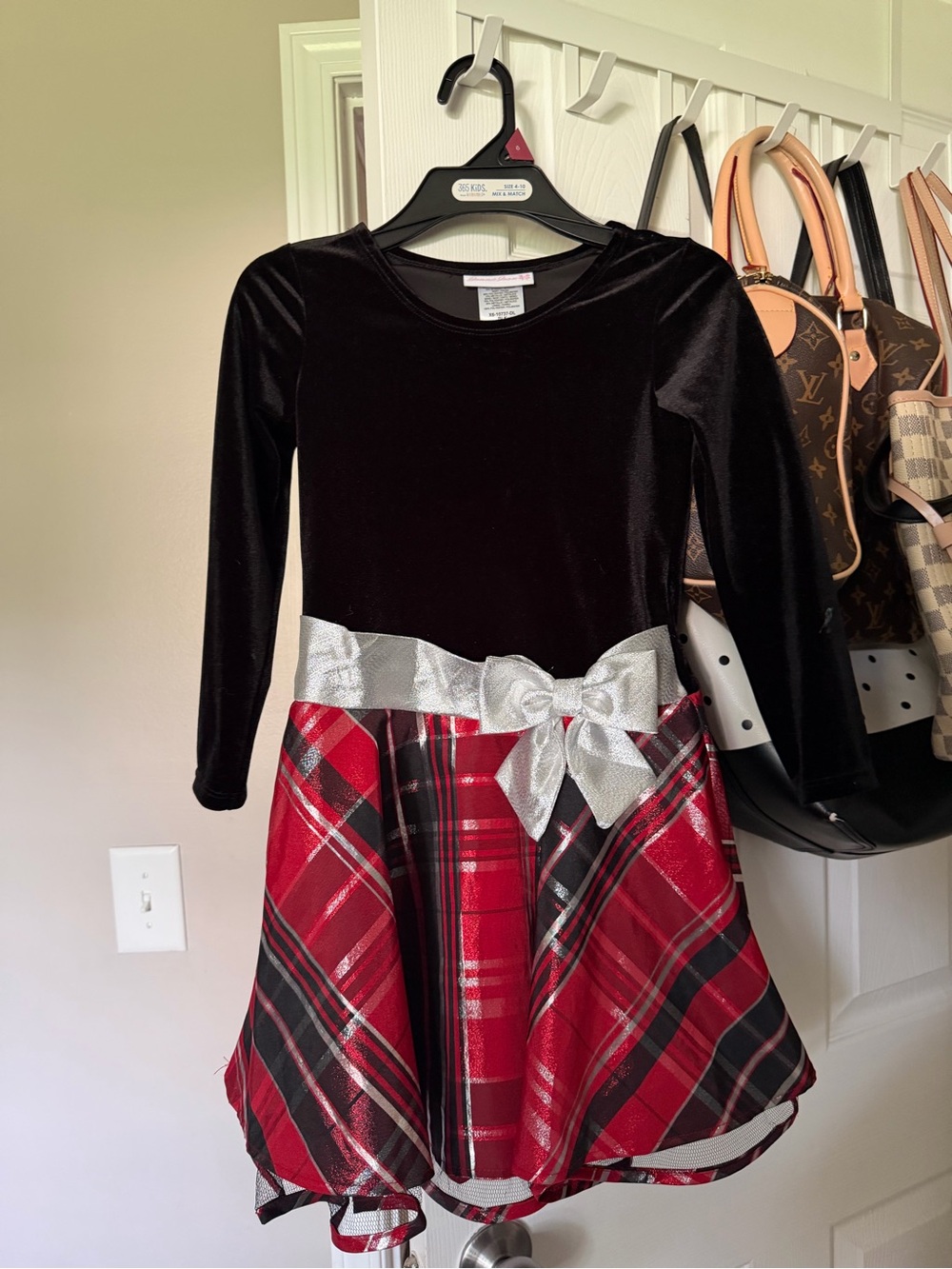 Xhilaration Black Velvet Top with Red Plaid Skirt and Silver Bow Girls Dress